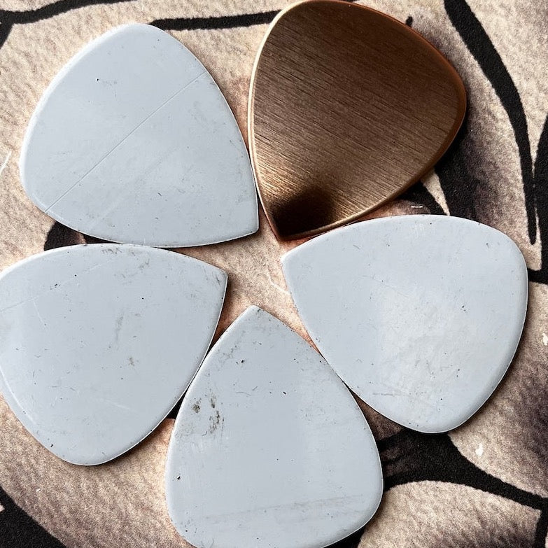FIVE Copper Guitar Pick Stamping Blanks. 31.75mm x 29.98mm