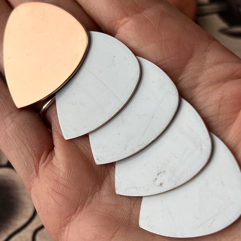 FIVE Copper Guitar Pick Stamping Blanks. 31.75mm x 29.98mm