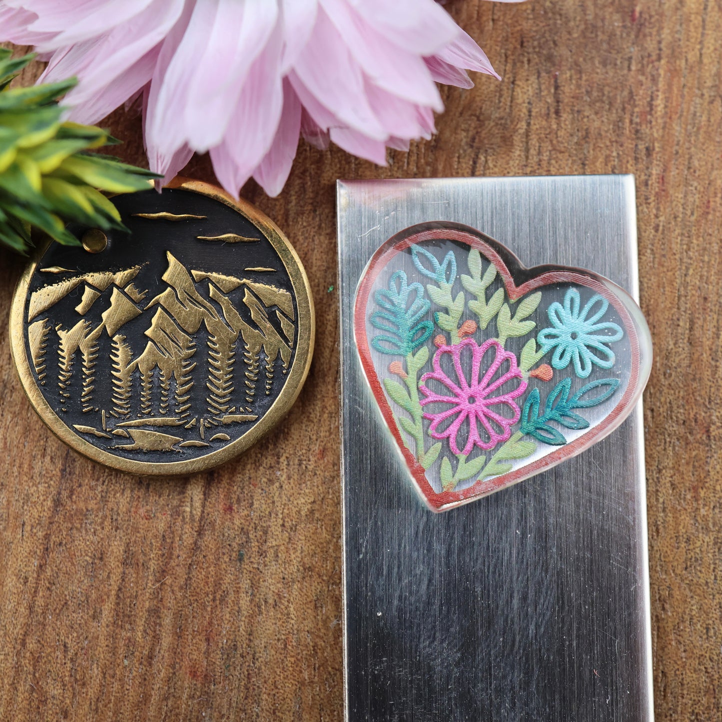 Engraved & Painted Acrylic Cabochon - approx. 19 x 18 x 5.1 mm