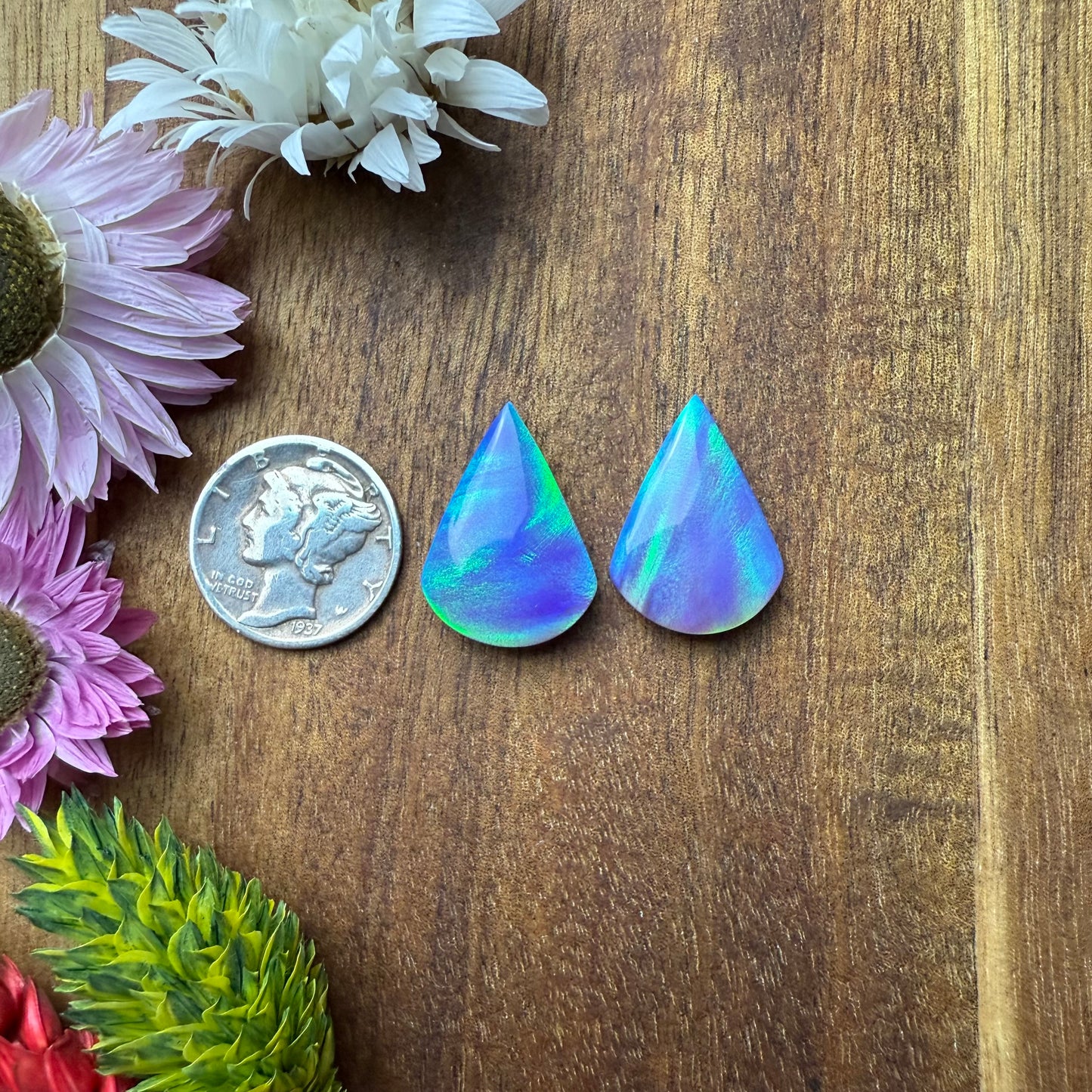 Aurora Opal Cabochon Pair - approx. 20 x 14 x 4.8 mm