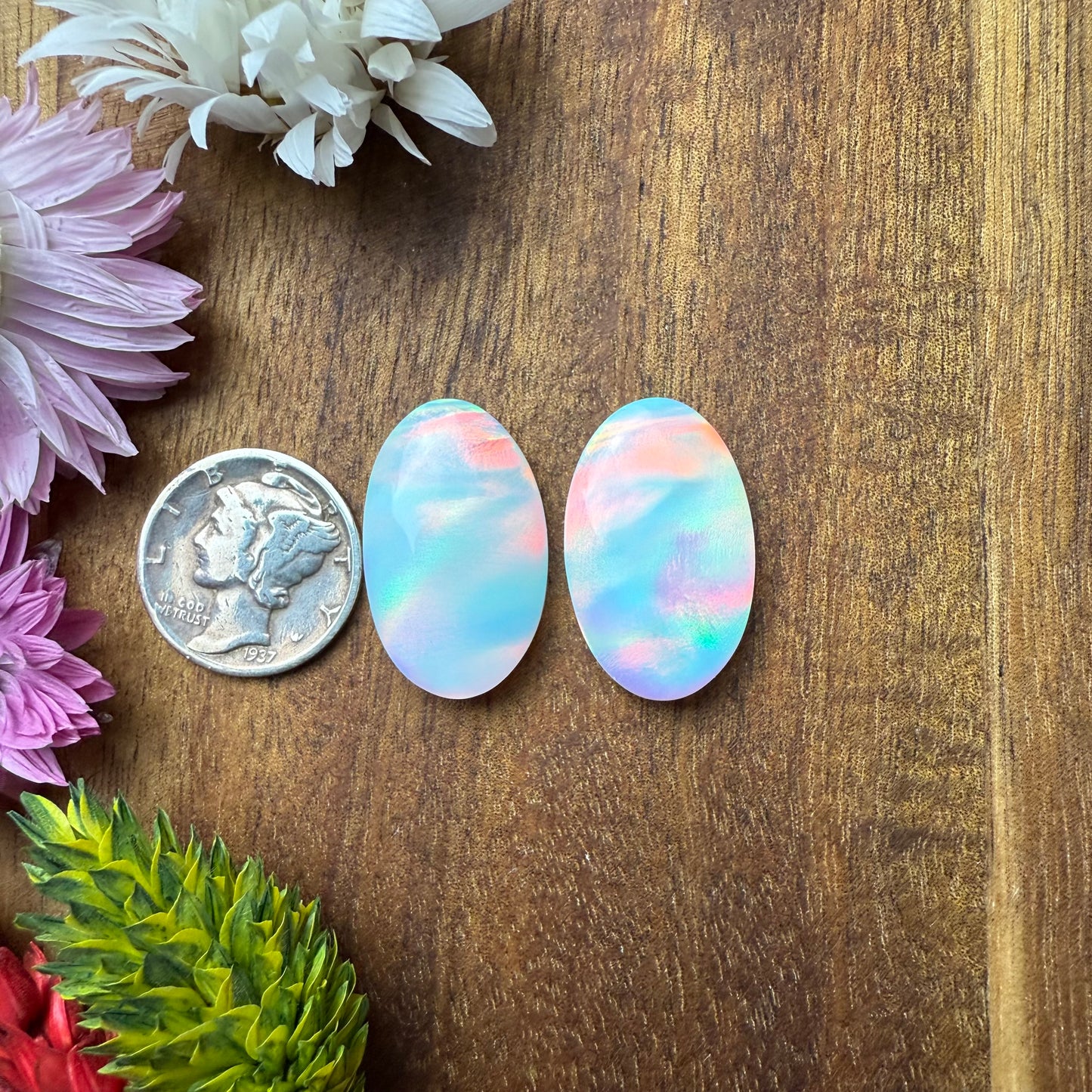 Aurora Opal Cabochon Pair - approx. 22 x 14 x 5.2 mm